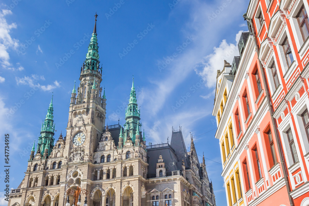 Colorful houses and historic town hall in Liberec, Czech Republic