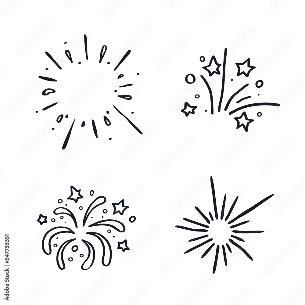 Celebration fireworks logo icon Hand drawn ink sketch Merry christmas xmas sign Confetti star drop decorative element Doodle design Fashion print clothes greeting invitation card flyer poster banner - obrazy, fototapety, plakaty 