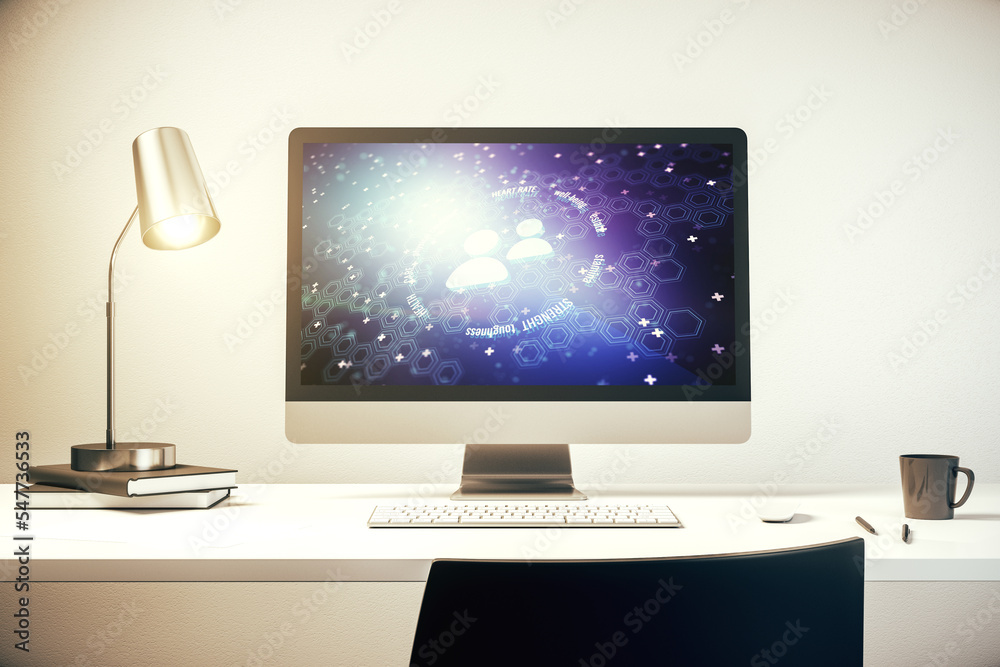 Creative abstract people icons sketch on modern laptop monitor, life and real estate insurance online concept. 3D Rendering