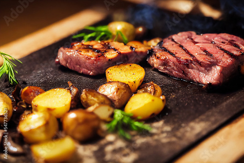 Grilled beef venison steak with herbs, spices, mushroom and potato serving bon appetit