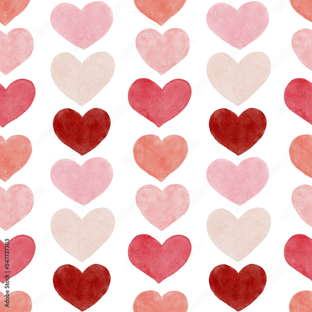Watercolor seamless pattern with pink and red hearts. Valentine's day illustration. Romantic background. For textile, prints, wallpaper, cards, wrapping paper.