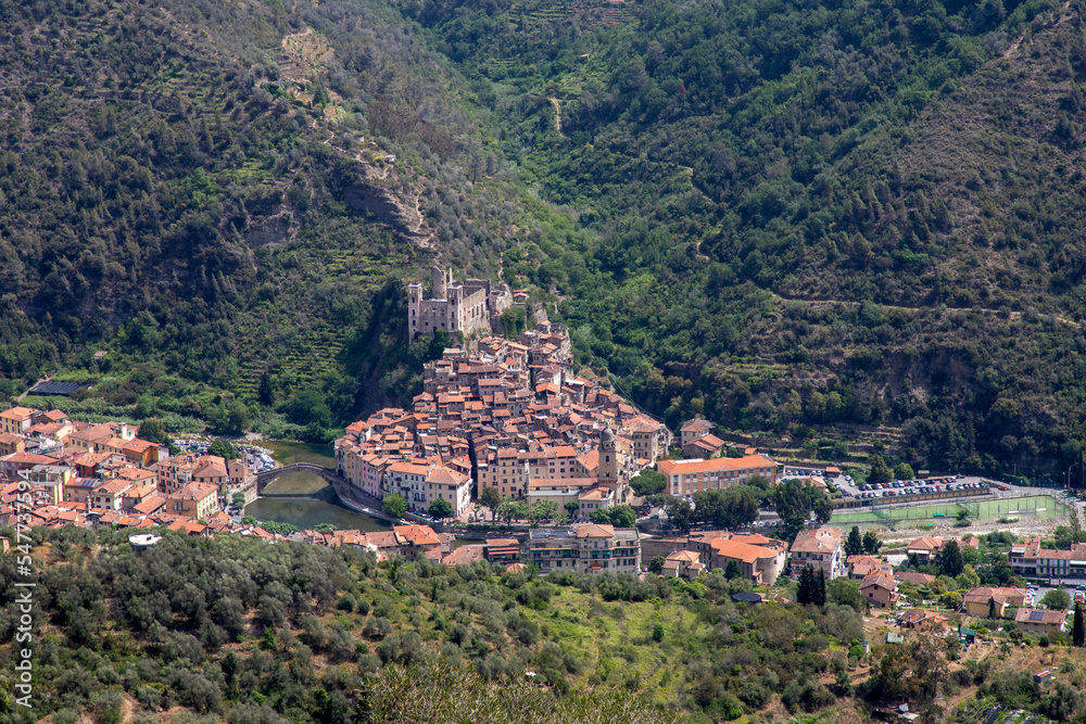 Dolceacqua panorama with the ancient roman bridge made of stones and the castle