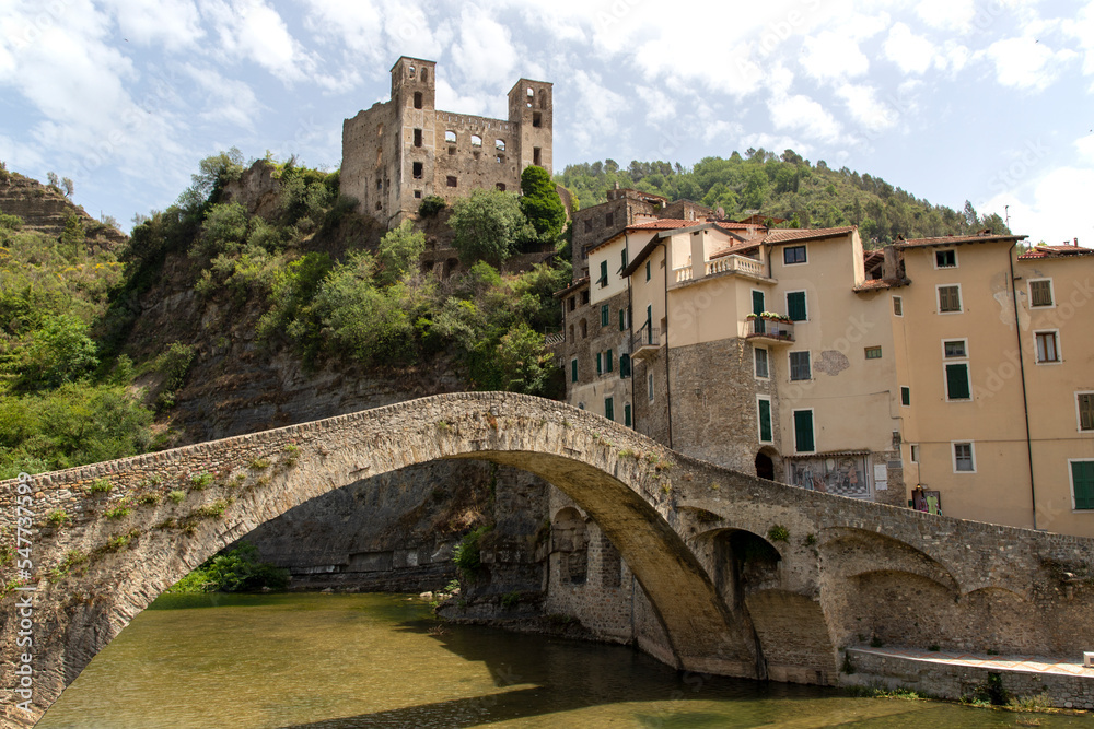 Dolceacqua panorama with the ancient roman bridge made of stones and the castle