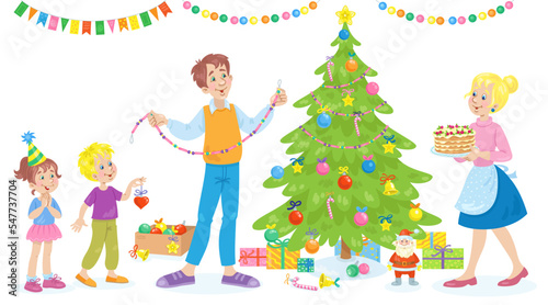 Happy family is preparing for Christmas. Father and children decorate the Christmas tree, mother baked a festive cake. In cartoon style. Isolated on white background. Vector illustration.