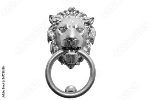 Head of a lion in silver color for knocking on a white door, isolated on a white background. Knocker in the form of a muzzle of a lion with a ring, close-up