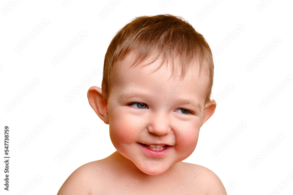 Sly toddler baby, studio white background, copy space. Portrait of an insidious child with red cheeks. Kid age one year and two months Sly toddler baby, studio white background, copy space. Portrait of an insidious child with red cheeks. Kid age one year and two months