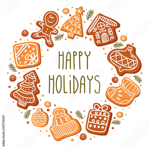 Christmas card with Calligraphic holiday wishes and composition of gingerbread such as gift, hat, house, mittens, gingerbread man, Christmas tree, Christmas tree decorations, pine branches.