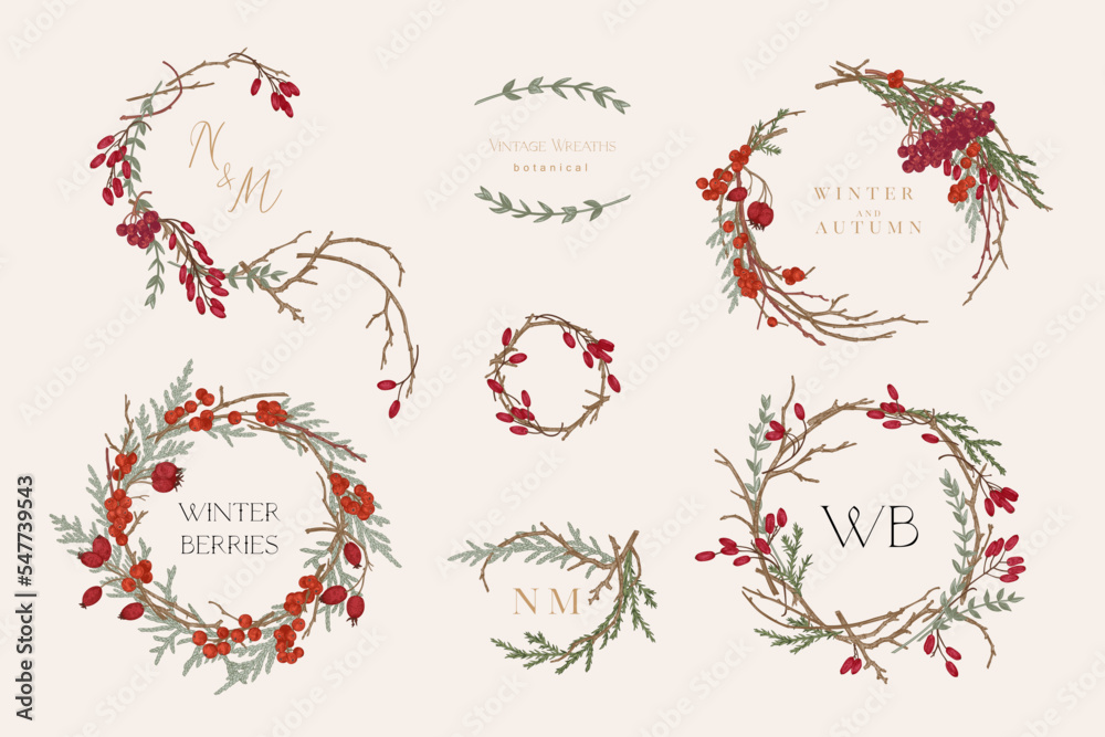 Set with vintage wreaths. Colorful