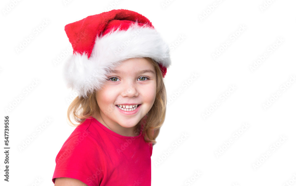 Child girl smiling in Santa hat isolated on white empty space background. Kid in Christmas costume. Child girl smiling in Santa hat isolated on white empty space background. Kid in Christmas costume.