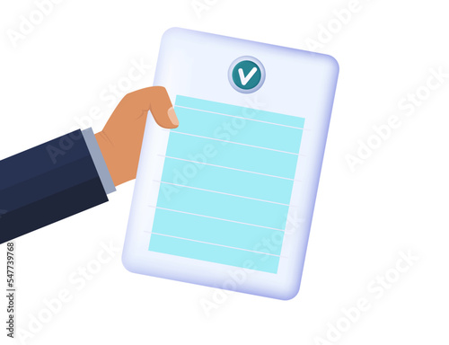 Approved document. The businessman holds in hand a valid document. Green check mark on paper page. Successful check of a resume, review or test. Approved contract, agreement. Vector illustration