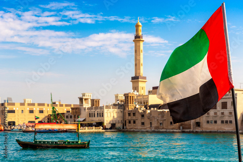 Photography UAE flag and Abra boat in Dubai