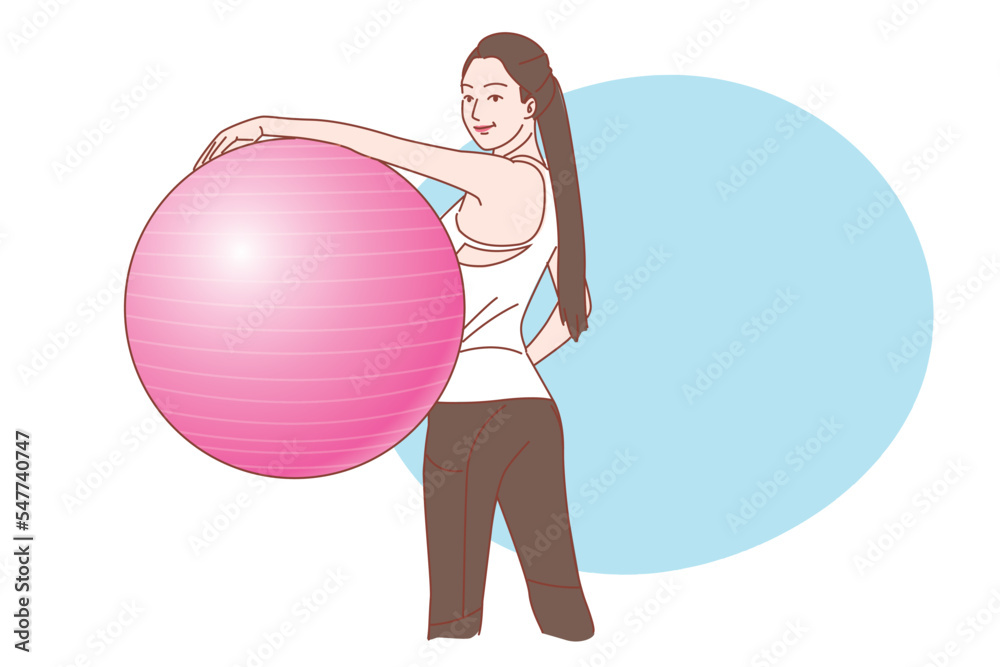 Fototapeta premium Young healthy woman exercising using a ball. vector illustration.
