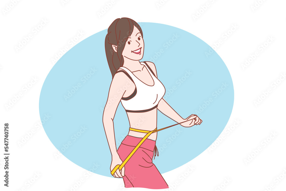 girl in exercise clothes measuring around your waist with yellow tape measure. vector illustration.