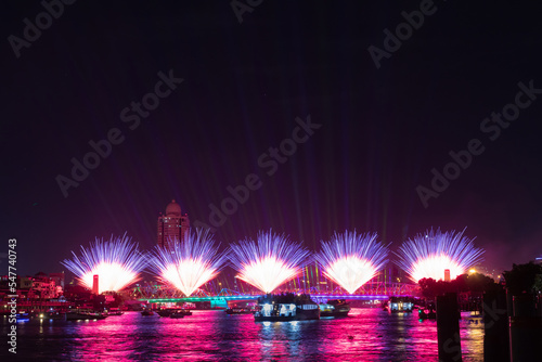 ‘Vijit Chao Phraya’ lighting extravaganza opens in Bangkok to great fanfare at Phra Phuttha Yodfa Bridge (Memorial Bridge). Illumination and light shows along the Chao Phraya River. Public event. photo