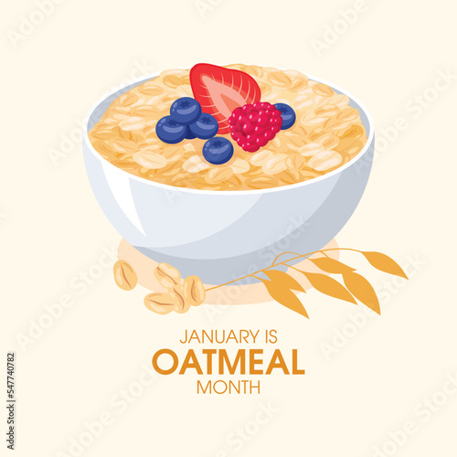 January Is National Oatmeal Month vector. Bowl of oatmeal with berries icon vector. Healthy cereal breakfast with fruits icon vector. Oat flakes breakfast design element. Important day