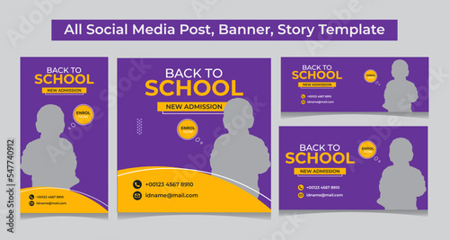 School admission social media post banner design. back to school social media post banner design set. Back to school admission promotion banner. school admission template for social media ad.