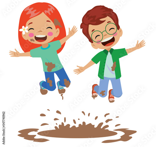 cute happy kids jumping in mud