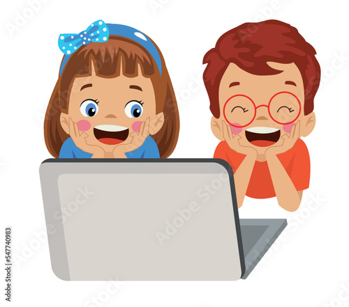 cute kids looking at computer