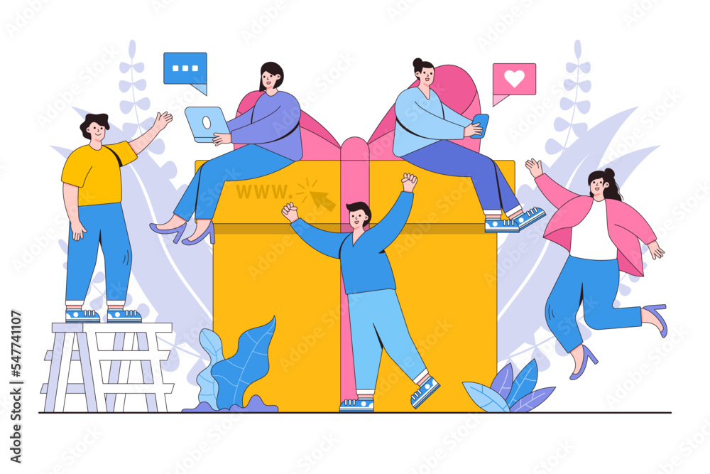 Online reward concept. Young group of happy people getting bonuses and ...