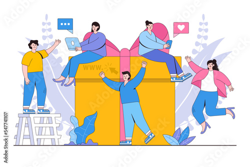Online reward concept. Young group of happy people getting bonuses and receiving gift boxes. Vector illustration for loyalty program, promotion, marketing. Modern flat style design for landing page