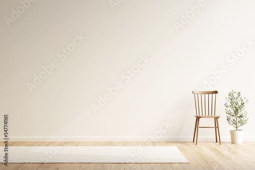 Obraz na plátně Beautiful modern bright room with classic wooden chair, plant in pot and white carpet with copy space blank white wall for text