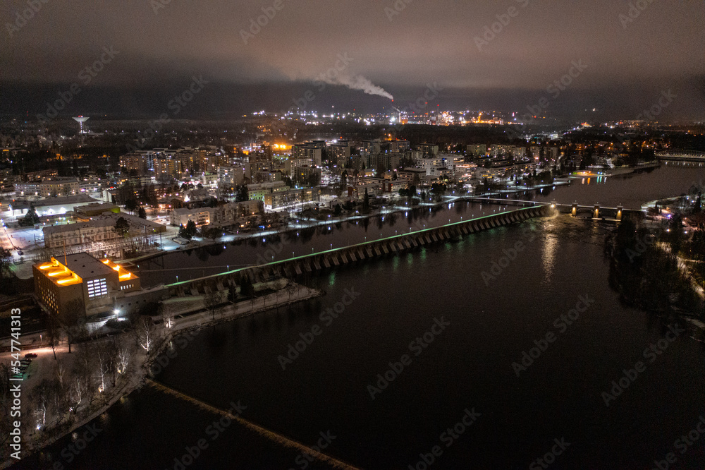 Aerial drone photo of downtown Oulu Finland Night Cityscape in Winter