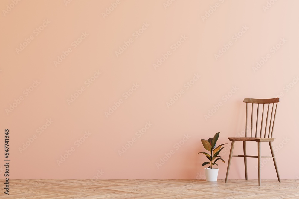 Beautiful modern bright creamy pink color room with classic wooden chair, plant in pot, wooden floor and blank wall for text. Modern girl room banner mock up room 3d illustration - obrazy, fototapety, plakaty 