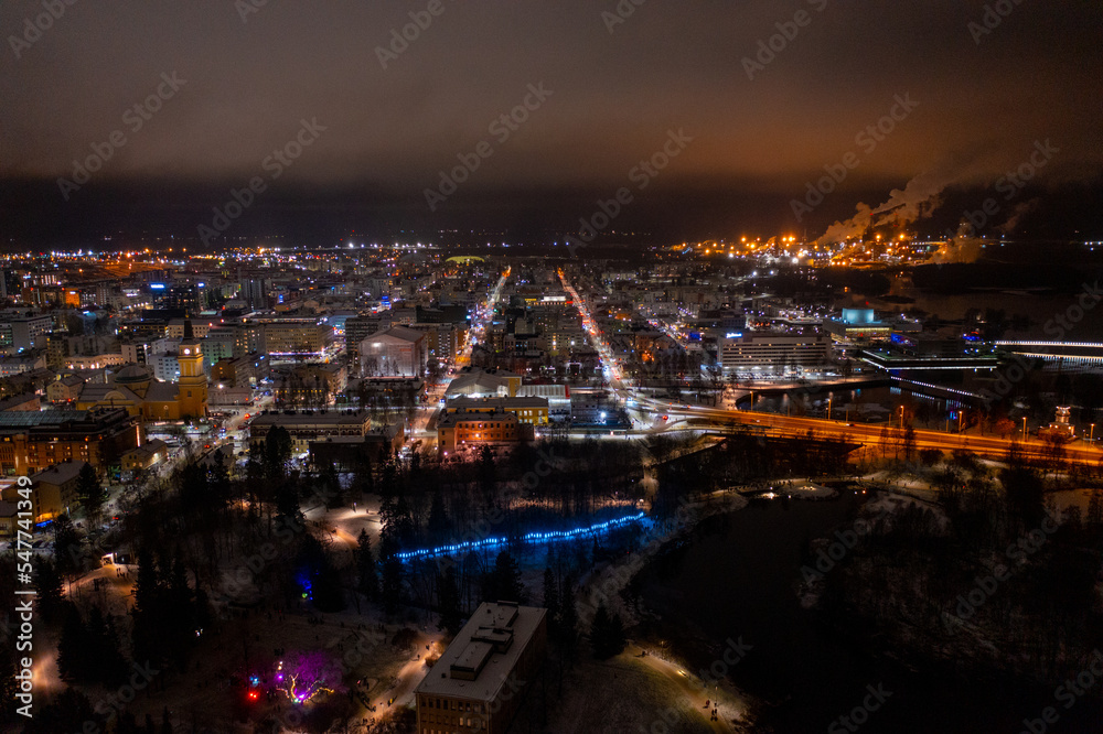 Aerial drone photo of downtown Oulu Finland Night Cityscape in Winter