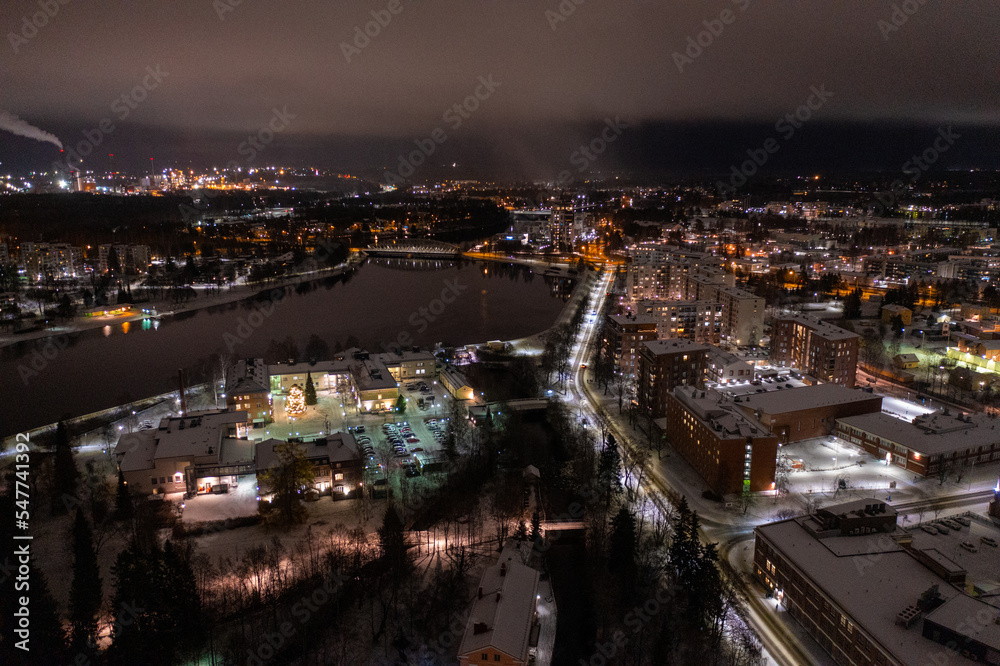 Fototapeta premium Aerial drone photo of downtown Oulu Finland Night Cityscape in Winter