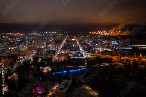 Aerial drone photo of downtown Oulu Finland Night Cityscape in Winter