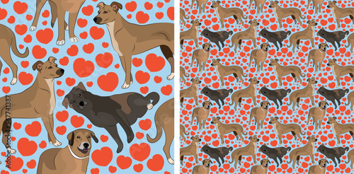 Pattern design with hearts, funny mongrel dogs doodles, and seamless pattern. T-shirt textile, wallpaper, wrapping paper, background graphic design with hearts, blue kids background. Valentine's Day.