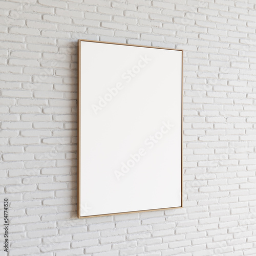 Side view of an empty rectangular painting hanging on a white brick wall. Close up of a rectangular decorative element presented on a white partition wall. 3d illustration.