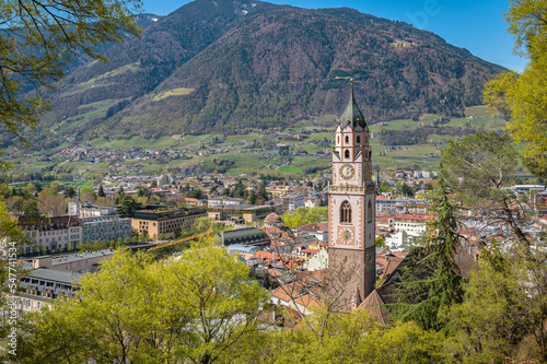Cathedral of St. Nicholas at Merano as seen from Tappeinerweg - Merano  Meran  in South Tyrol - Trentino Alto Adige . Italy