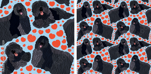 Pattern design with hearts, funny Puli dogs doodles, and seamless pattern. T-shirt textile, wallpaper, wrapping paper, background graphic design with hearts, blue kids background. Valentine's Day.