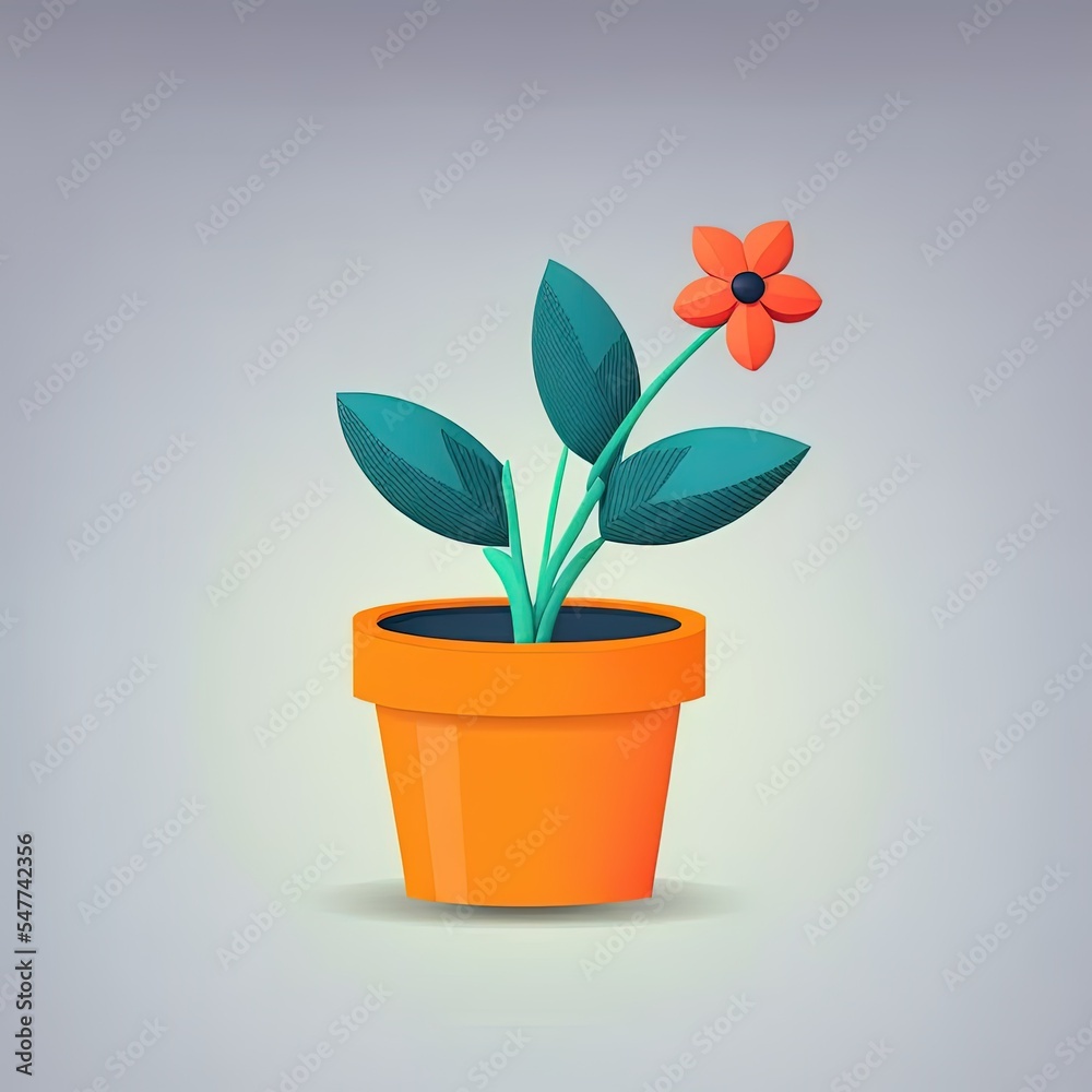 Flower, plant with leaves in pot. Gardening concept. 3d 2d illustrated icon. Cartoon minimal style.