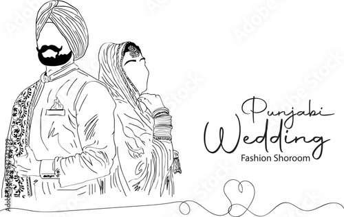 punjabi bride and groom wearing traditional punjabi wedding dress, f punjabi wedding couple in traditional costume of punjab vector illustration, pujabi wedding showroom banner