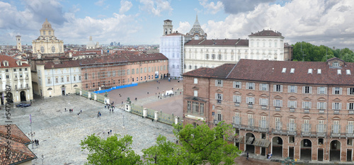 Extra wide angle Aerial view of Castello Square in Turin with beautiful historic building