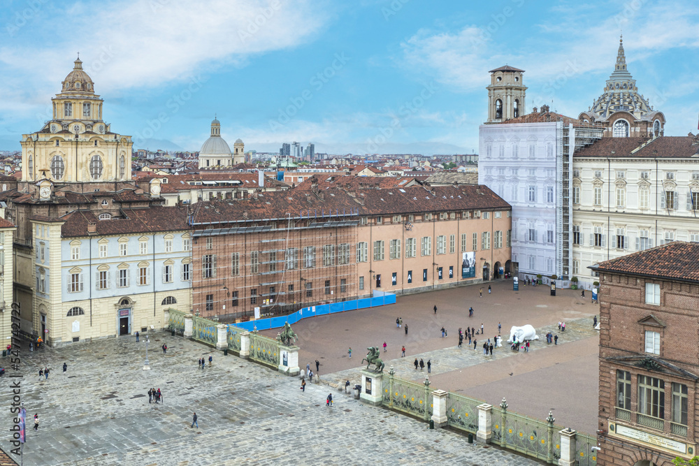 Extra wide angle Aerial view of Castello Square in Turin with beautiful historic building and Royal Palace