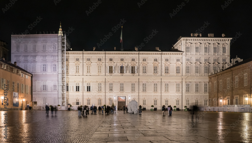 The beautiful Castle Square in Turin with the Royal Palace illuminated at night