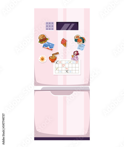 Fridge refrigerator freezer with magnet sticker concept. Vector graphic design illustration element