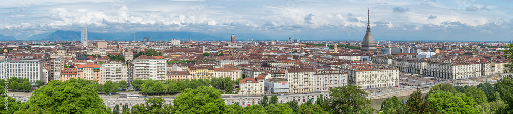 Extra wide angle aerial view of the skyline of Turin with the Mole Antonelliana