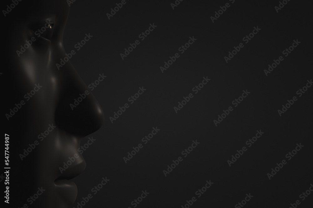 Homo sapiens' face in close-up on a dark background. Side view. 3d illustration. Homo sapiens' face in close-up on a dark background. Side view. 3d illustration.