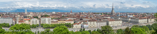 Extra wide angle aerial view of the skyline of Turin with the Mole Antonelliana