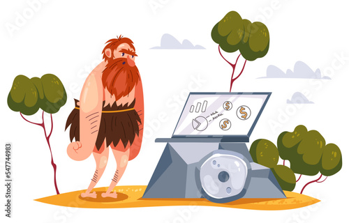 Caveman using laptop concept. Vector graphic design illustration element 