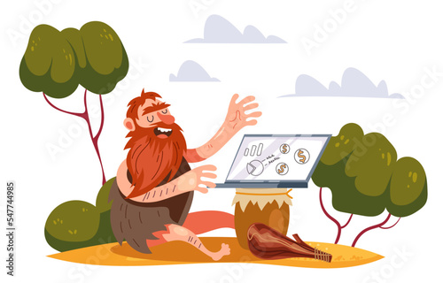 Caveman using laptop concept. Vector graphic design illustration element 