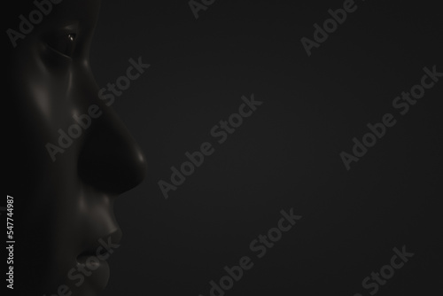 Homo sapiens' face in close-up on a dark background. Side view. 3d illustration.