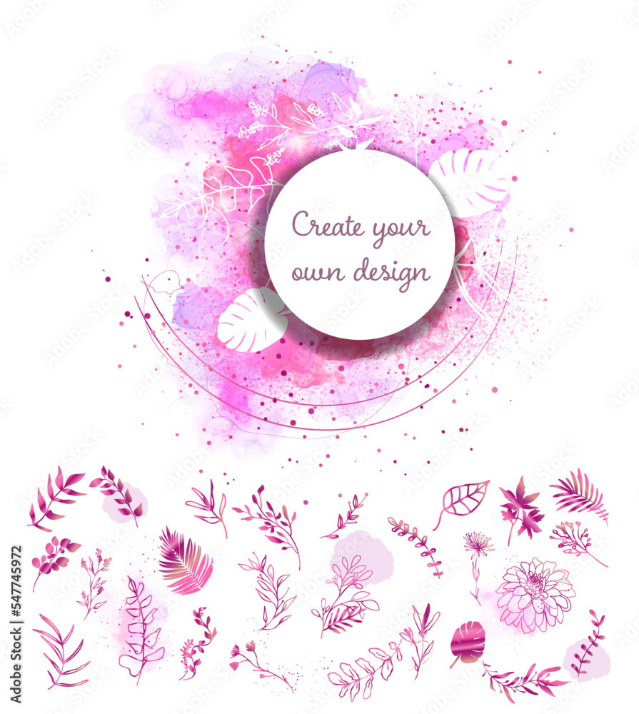 Obraz premium Big hand drawn plant set - universally useable. flowers with ornaments and gold glitter effects. Element design. Vector illustration with colorful watercolors and gold.