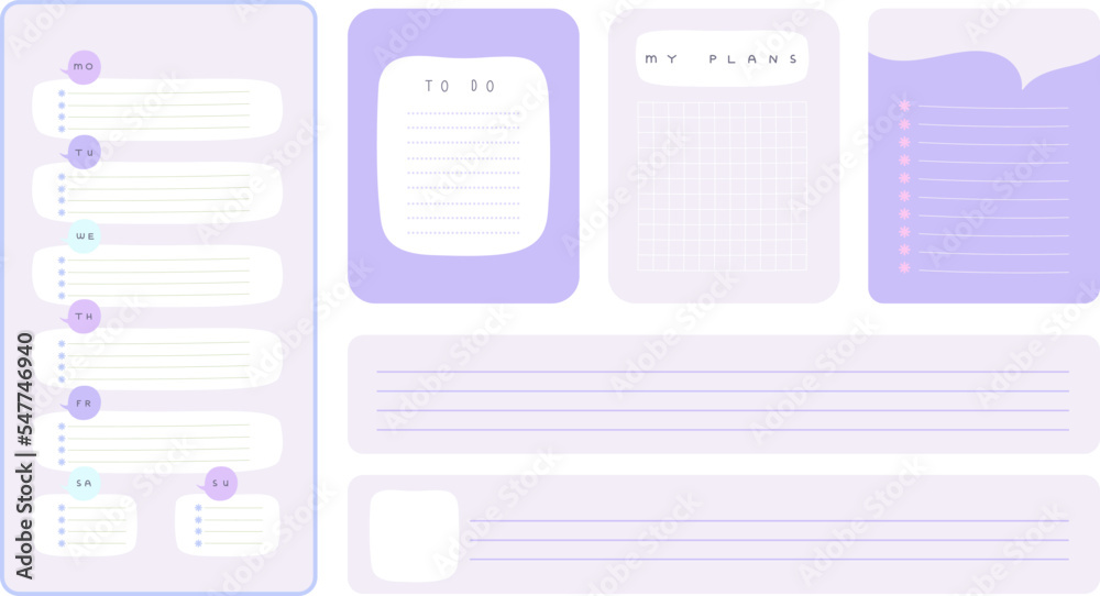 Diary pages, planners and notes paper sheets. Cute girly style simple design. Decorative notebook vector templates, lined pages and week days Diary pages, planners and notes paper sheets. Cute girly style simple design. Decorative notebook vector templates, lined pages and week days