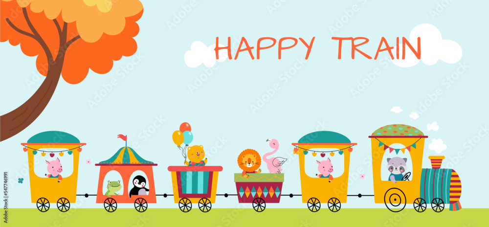 Fototapeta premium Happy cartoon animals ride on train. Transportation scene, cute raccoon, pig and lion. Friends zoo, birthday or children party vector banner