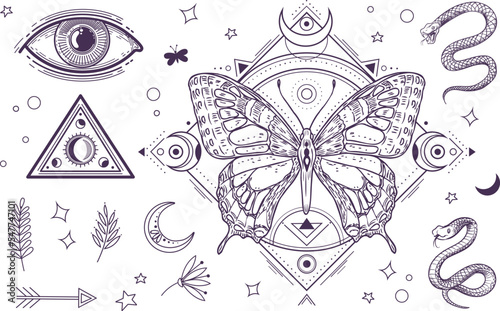 Mystic magical elements. Tattoo graphic design, magic eye and triangle, snakes and moon. Line vector boho style collection